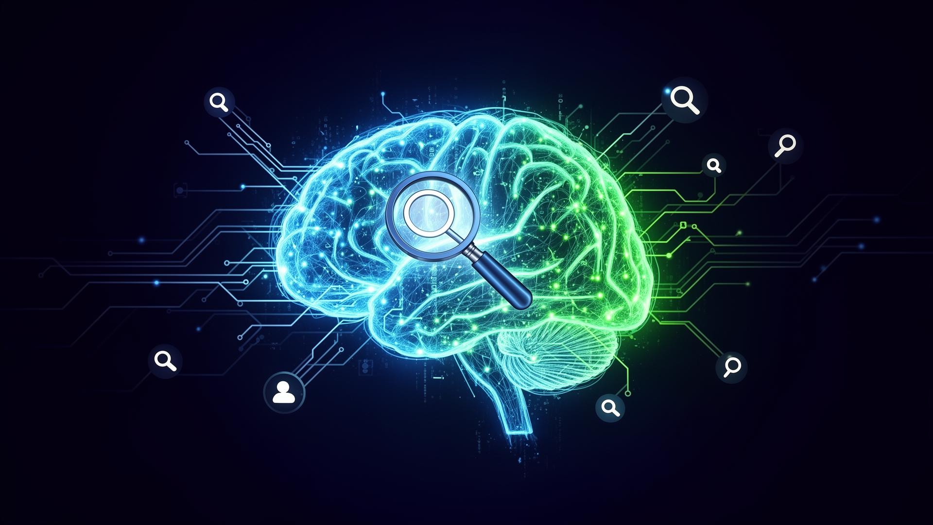 Glowing futuristic digital brain in neon blue and green with magnifying glass, symbolizing AI-powered SEO intelligence and advanced search optimization